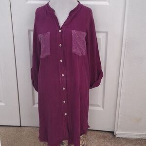 100% Linen Magenta Button Up Tunic Blouse With Sequin Pockets & Back Panel